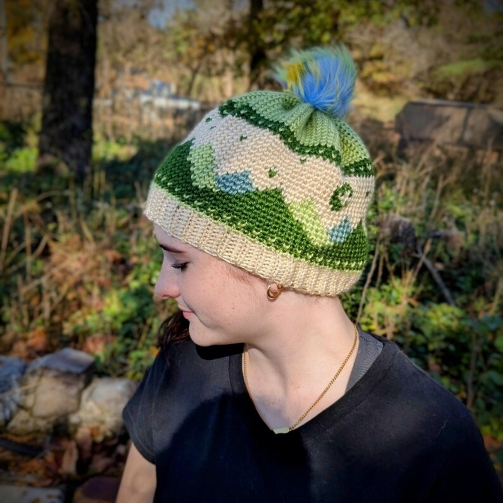 Green and Cream Kids Pom-Pom Beanie